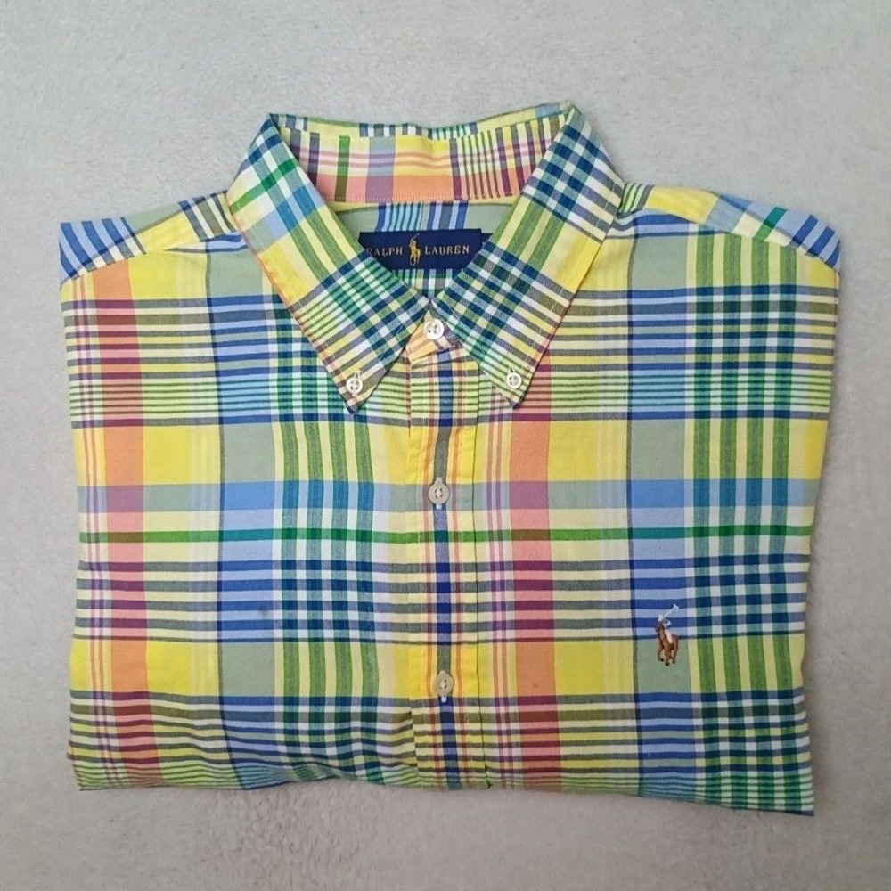 Ralph Lauren Shirt Mens XL Yellow Glen Plaid Oxford Button Down OCBD Flesh Pony
